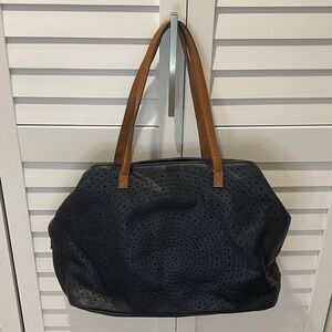Street Level Black Faux Leather Perforated Tote‎ Bag Tan Handles Large